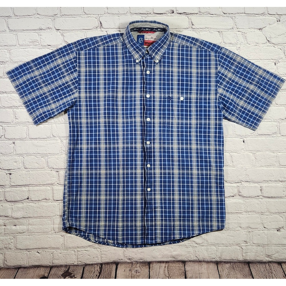 Vintage George Strait Wrangler Cowboy Cut Plaid Short Sleeve Shirt Blue Mens XL
